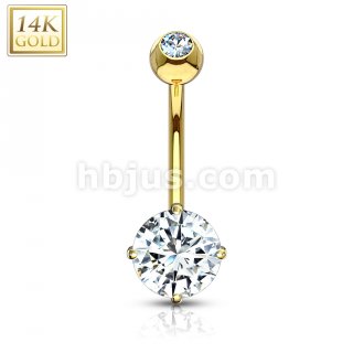 Round CZ Prong Set 14 Karat Solid Yellow Gold Navel Ring