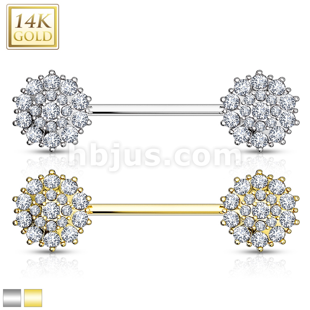 Triple Tiered CZ Flower 14K Gold Nipple Bar