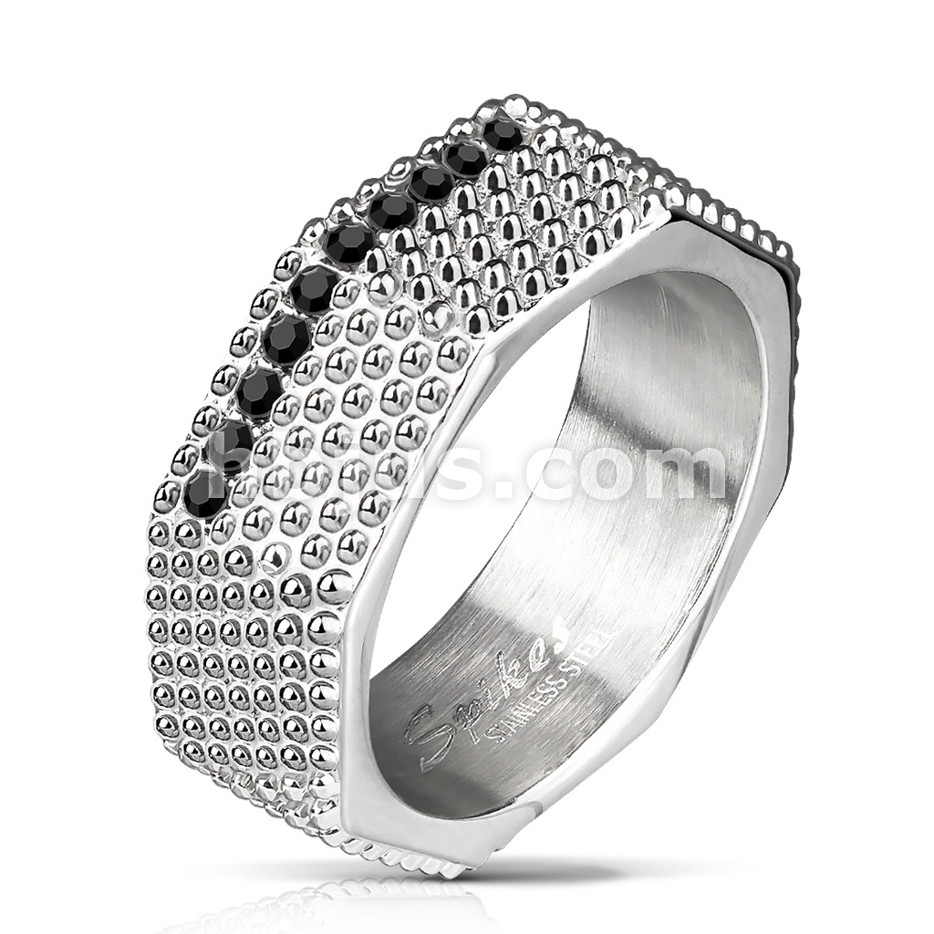 Spiked Surface Octa Ring with Black CZ Set Center Stainless Steel Rings