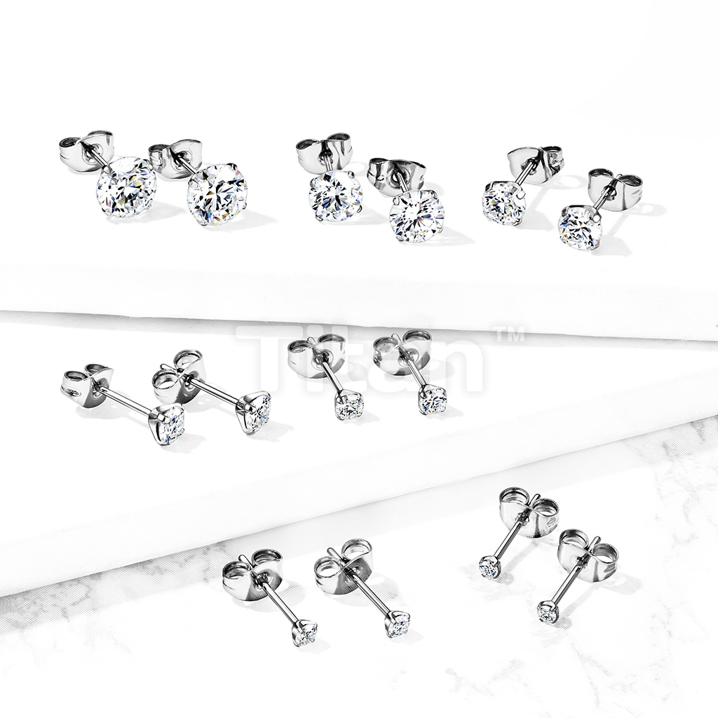 Pair of Implant Grade Titanium offers White Clear Prong Set CZ Stud Earrings 2mm, 2.5mm, 3mm, 4mm, 5mm Stud Earrings